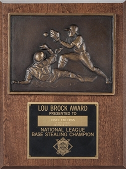 1988 Vince Coleman Signed Lou Brock National League Base Stealing Champion Award (Coleman LOA)